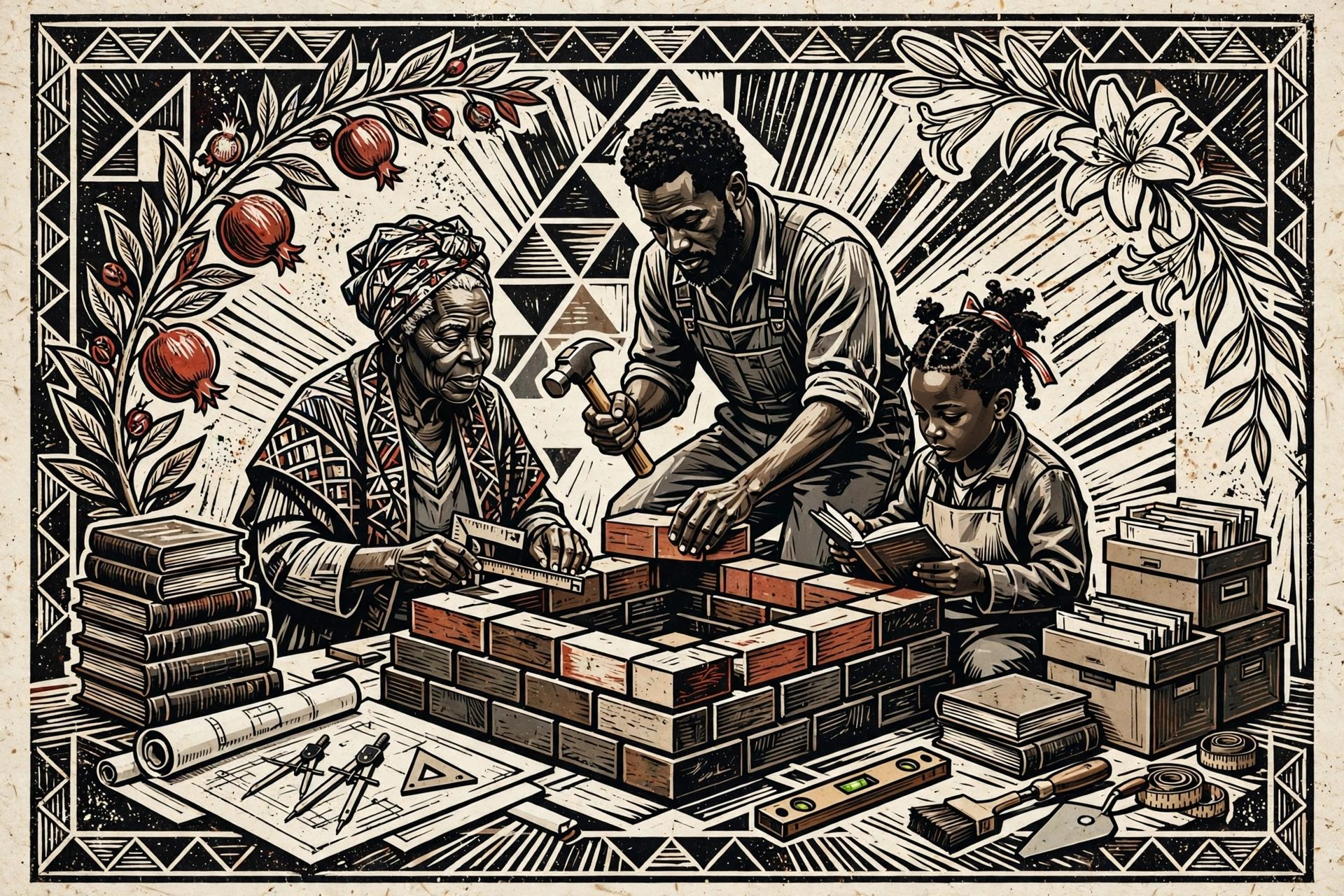 Three generations of a Black family building an institution together with books, plans, tools, and archival materials